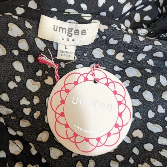 Umgee Black Satin Animal Print 3/4 Bubble Sleeve Hi-Lo Tunic Top - size L NWT - Picture 9 of 9